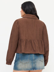 Corduroy Collar Long Sleeve Button Peplum Jacket Curve & Plus