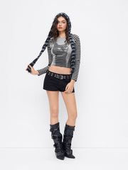 Cotton-blend Cat Graphic Striped Round Neckline Long Sleeve Tee