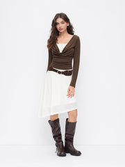 Cowl Neck Beaded Backless Ruched Long Sleeve Tee