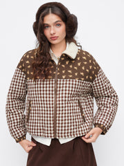Cotton Funnel Neck Gingham & Ditsy Floral Patched Oversized Jacket