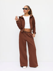 Cotton-blend Fleece Lined Mid Rise Elastic Waist Flared Trousers