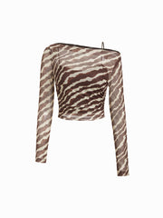 Mesh Leopard Boat Neck Long Sleeve See-through Top With Cami Top