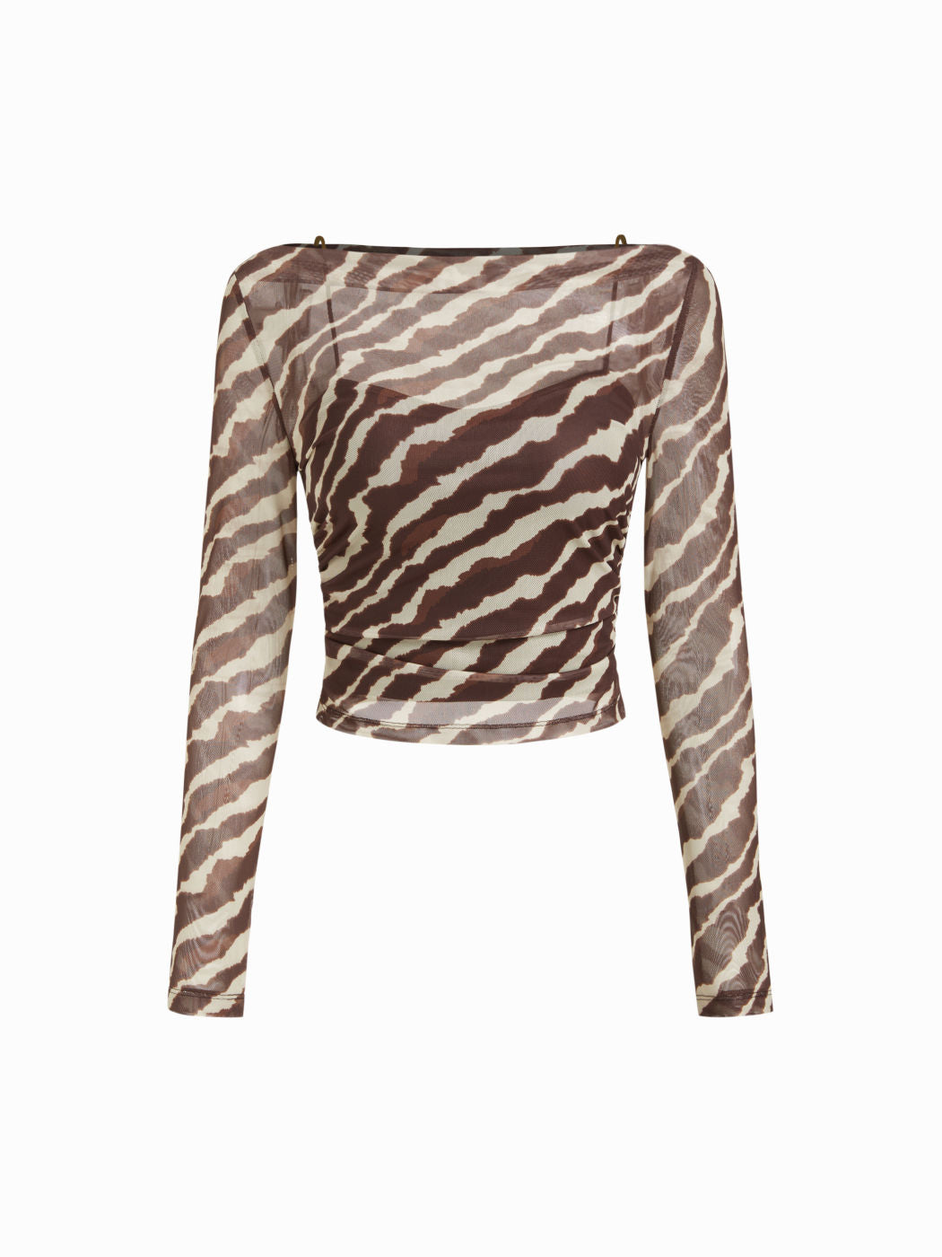 Mesh Leopard Boat Neck Long Sleeve See-through Top With Cami Top