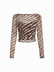 Mesh Leopard Boat Neck Long Sleeve See-through Top With Cami Top