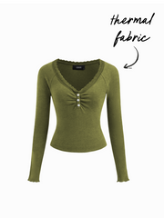 Thermal Cotton-blend V-neck Long Sleeve Lace Trim Ruched Tee