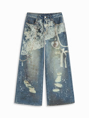 Denim Low Rise Lace Graphic Wide Leg Jeans