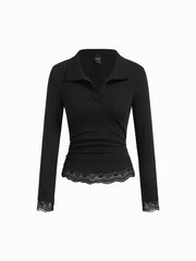Collar Long Sleeve Contrasting Lace Ruched Top