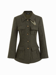 Wool-look Collar Button Pocket Cinched Waist Jacket