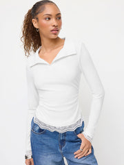 Collar Long Sleeve Contrasting Lace Ruched Top