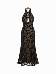 Lace Mandarin Collar Floral Applique Tie Front Cut Out Maxi Dress