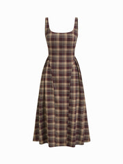 Square Neck Check Pleated Zipper Maxi Dress