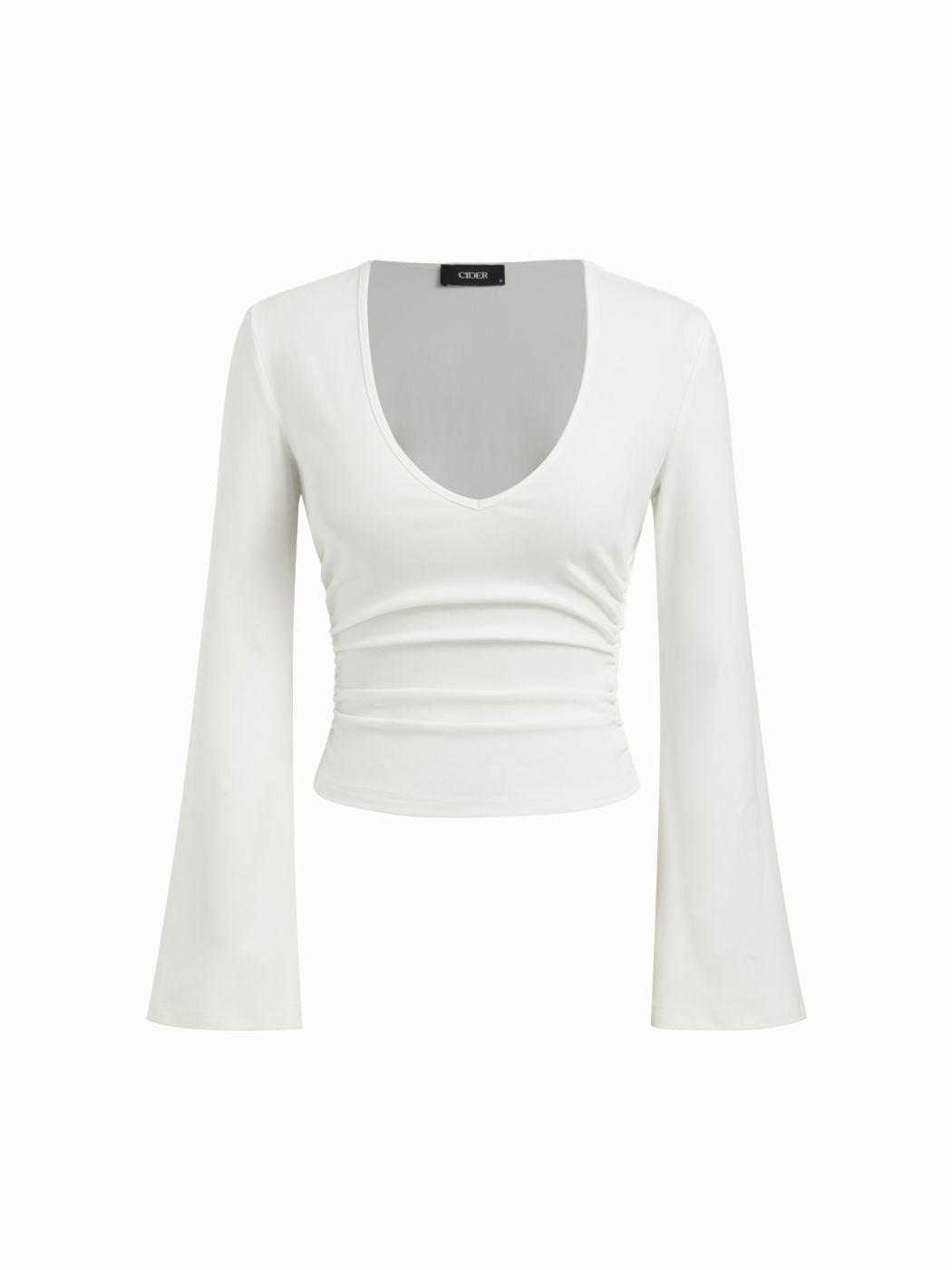 Cotton-blend V-neck Ruched Long Bell Sleeve Cinched Waist Tee