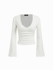 Cotton-blend V-neck Ruched Long Bell Sleeve Cinched Waist Tee
