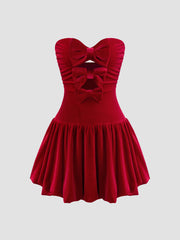 Velvet Tube Solid Bowknot Bubble Hem Mini Dress