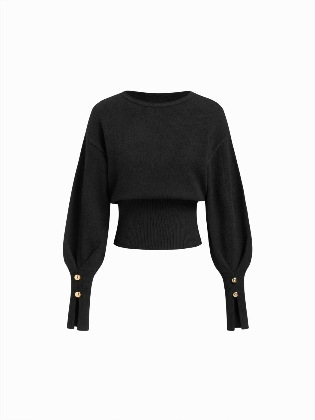 Knit Round Neckline Metal Detail Cinched Waist Lantern Sleeve Top