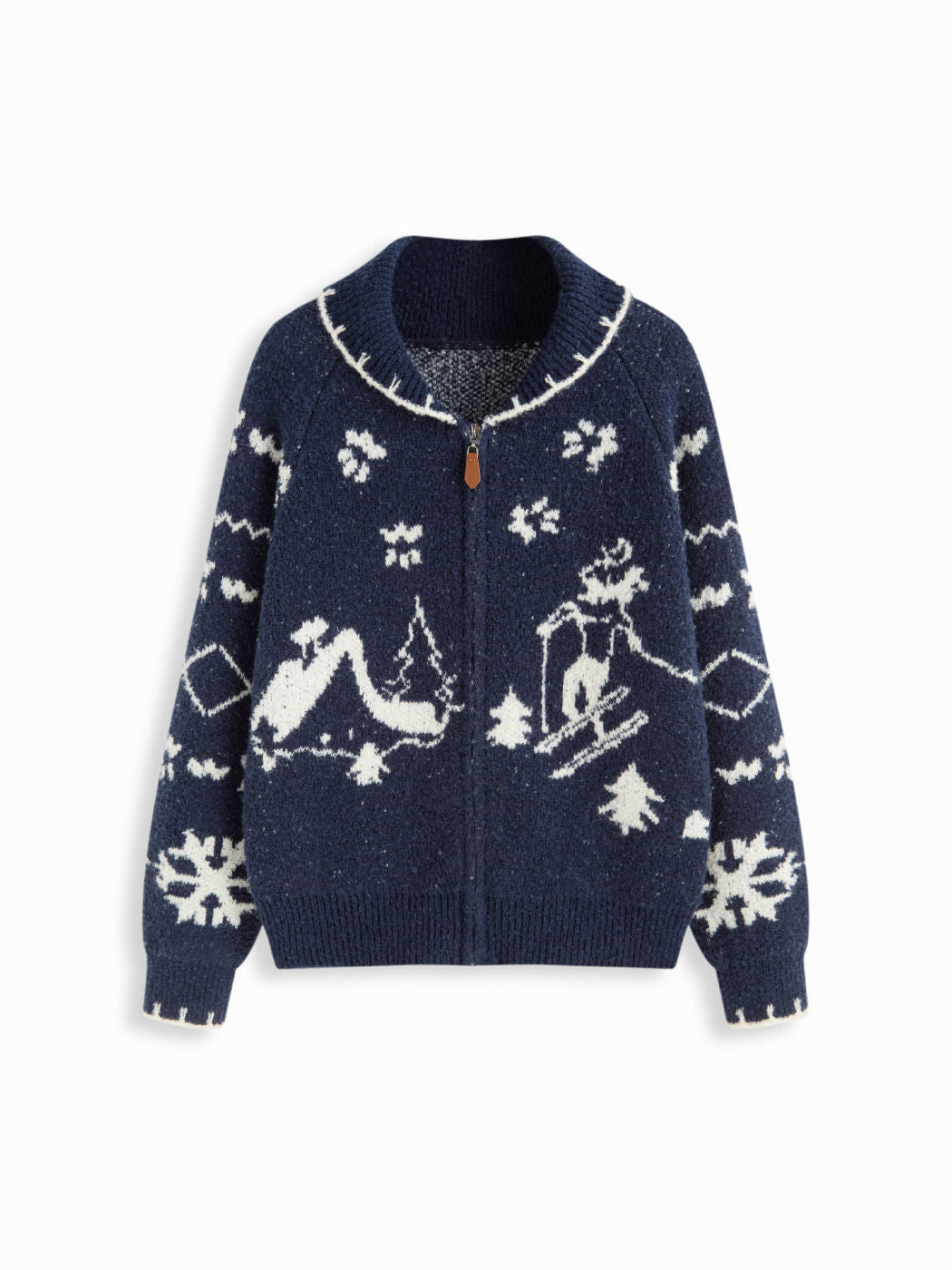 Knit Snowflake Graphic Contrasting Binding Zip Through Oversized Cardigan