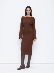 Knit Wool-blend Asymmetrical Neck Bell Sleeve Top & Mid Rise Midi Pencil Skirt Set