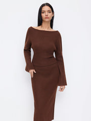Knit Wool-blend Asymmetrical Neck Bell Sleeve Top & Mid Rise Midi Pencil Skirt Set