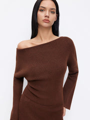 Knit Wool-blend Asymmetrical Neck Bell Sleeve Top & Mid Rise Midi Pencil Skirt Set