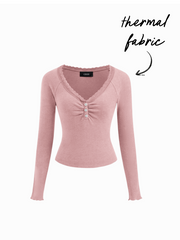 Thermal Cotton-blend V-neck Long Sleeve Lace Trim Ruched Tee