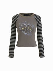 Cat Graphic Cotton-blend Round Neckline Raglan Sleeve Striped Top