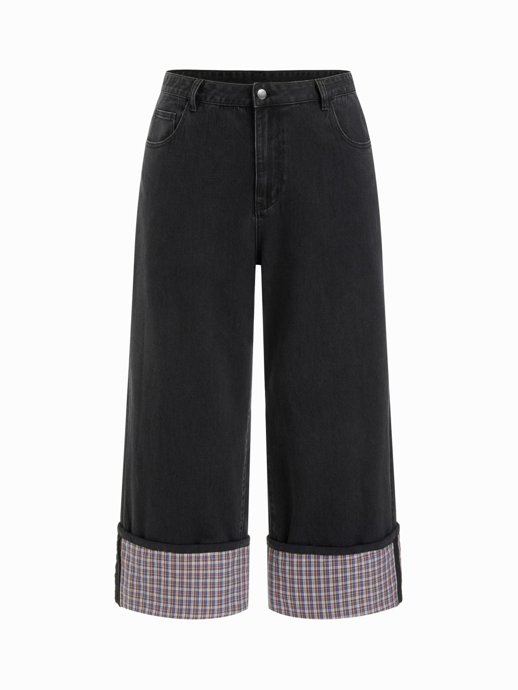 Cider Stretch Denim Mid Rise Plaid Roll Hem Straight Leg Jeans Curve & Plus