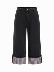 Cider Stretch Denim Mid Rise Plaid Roll Hem Straight Leg Jeans Curve & Plus