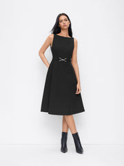 Boat Neck Ruffle A-line Midi Dress With Belt
