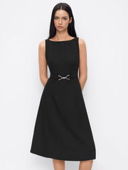 Boat Neck Ruffle A-line Midi Dress With Belt