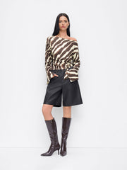 Boat Neck Zebra Striped Belted Bell Sleeve Top