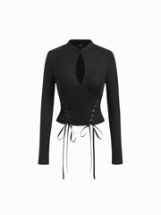 Stand Collar Lace-Up Cut Out Ribbed Top
