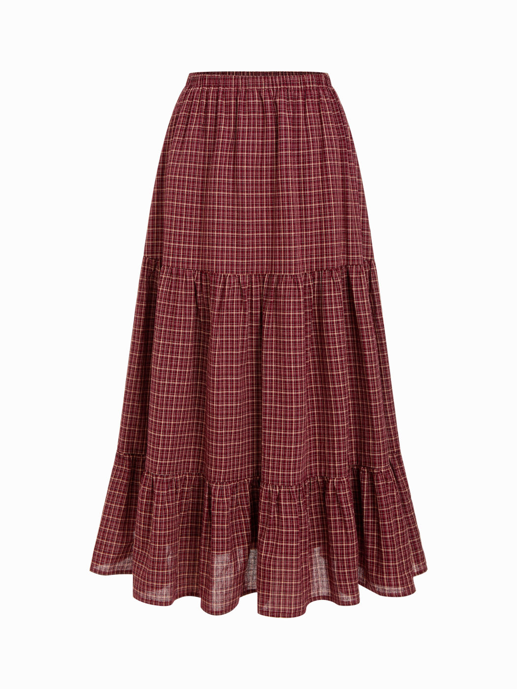 Cotton Mid Rise Plaid Flared Maxi Skirt