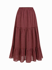 Cotton Mid Rise Plaid Flared Maxi Skirt