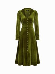 Velvet Collar Long Sleeve Ruched Maxi Flared Dress