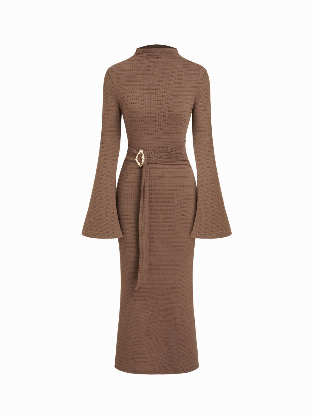 Textured Stand Collar Bell Sleeve Maxi Dress With Belt