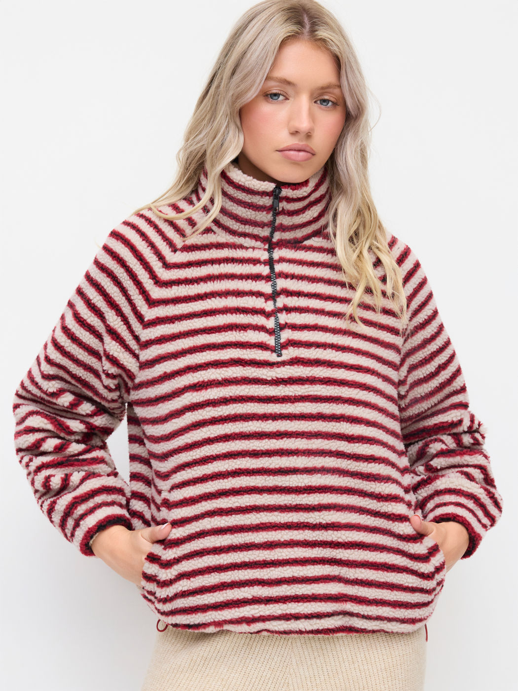 Fleece Stand Collar Long Sleeve Stripe Oversized Sweatshirt