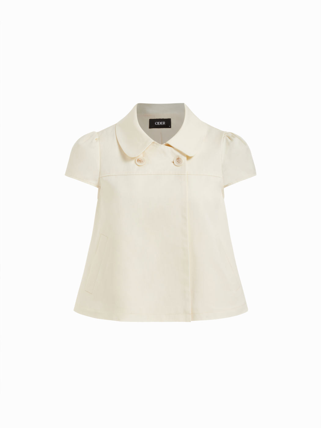 Cotton-blend Collar Double Breasted Short Puff Sleeve Oversized Blouse