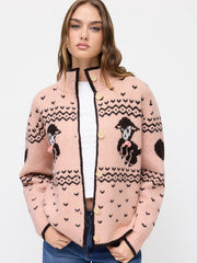 Knit Wool-blend Deer & Heart Pattern Fair Isle Oversized Jacket
