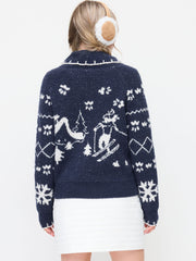 Knit Snowflake Graphic Contrasting Binding Zip Through Oversized Cardigan