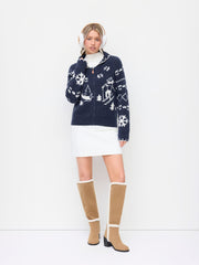 Knit Snowflake Graphic Contrasting Binding Zip Through Oversized Cardigan