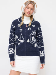 Knit Snowflake Graphic Contrasting Binding Zip Through Oversized Cardigan