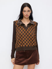 Knit V-neck Check Contrasting Binding Oversized Vest