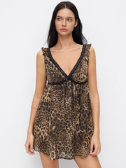 V-neck Leopard Drawstring Lace Trim Nightdress