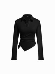 Cotton-blend Polo Ruched Hanky Hem Long Sleeve Top