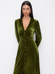 Velvet Collar Long Sleeve Ruched Maxi Flared Dress
