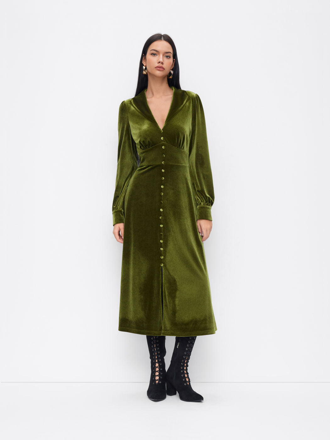 Velvet Collar Long Sleeve Ruched Maxi Flared Dress