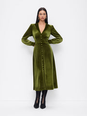 Velvet Collar Long Sleeve Ruched Maxi Flared Dress