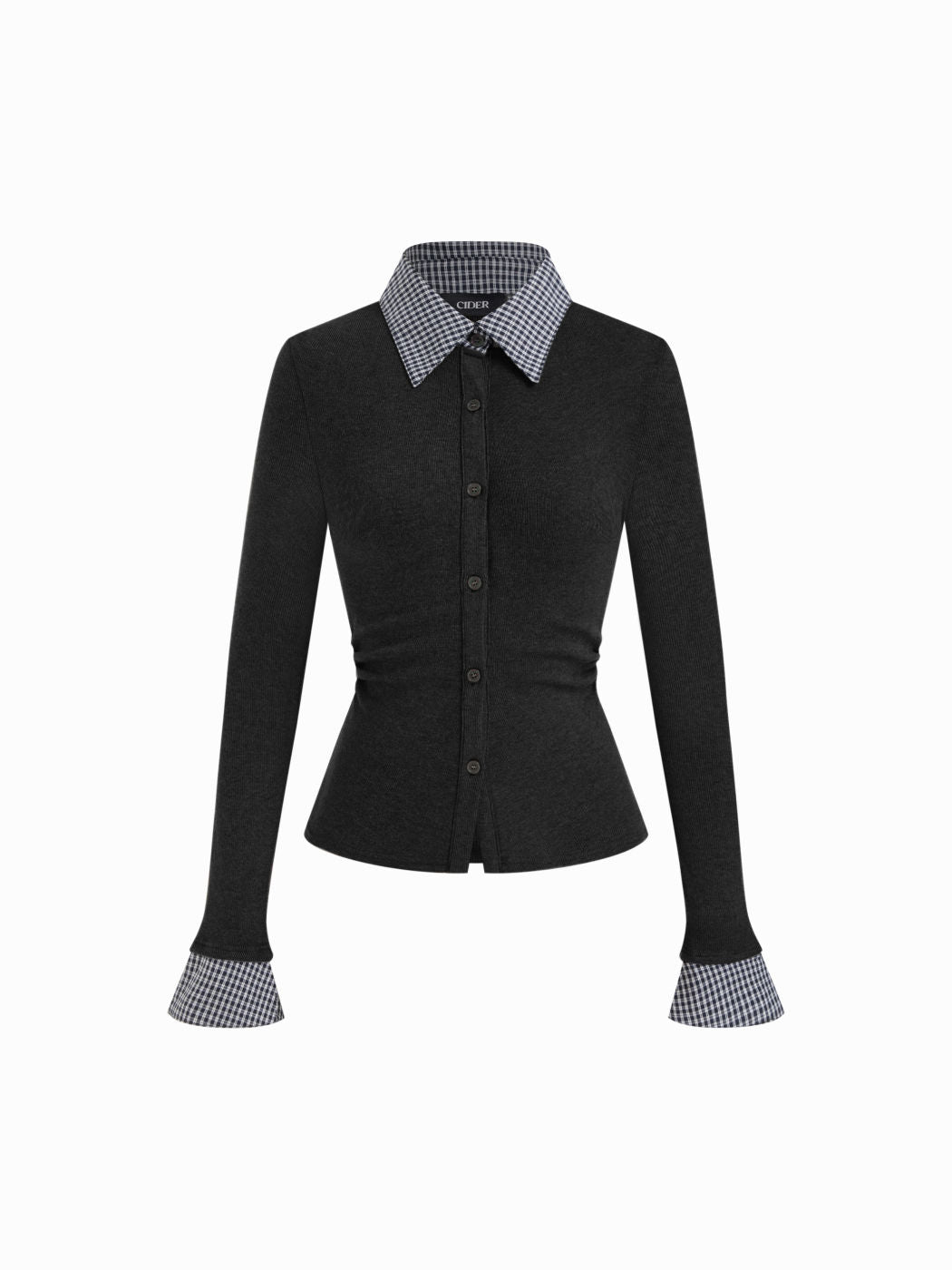 Cotton Plaid Polo Collar Ruched Two Tone Top