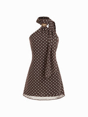 Chiffon Halter Neckline Polka Dot Backless Mini Dress With Scarf