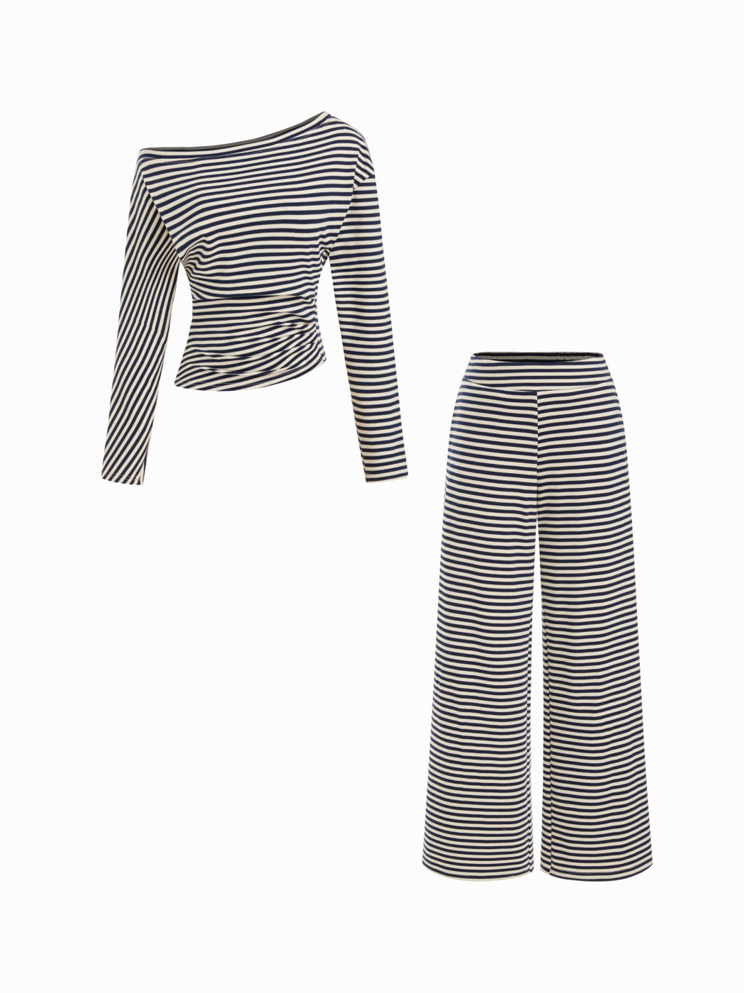 Cotton-blend Asymmetrical Neck Striped Top & Mid Rise Wide Leg Trousers Set